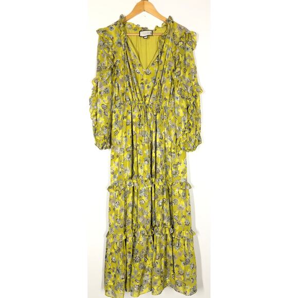 Alexis Auja Dress Floral Print Long Sleeve Ruffle Tiered Midi Cottage Yellow XL - Picture 2 of 8